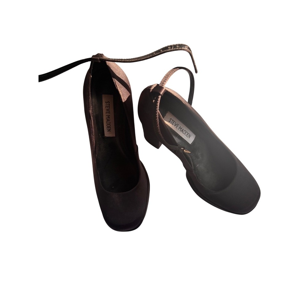 Steve Madden Black Fabric Ankle Strap Platform Block Heel Pumps Shoes
